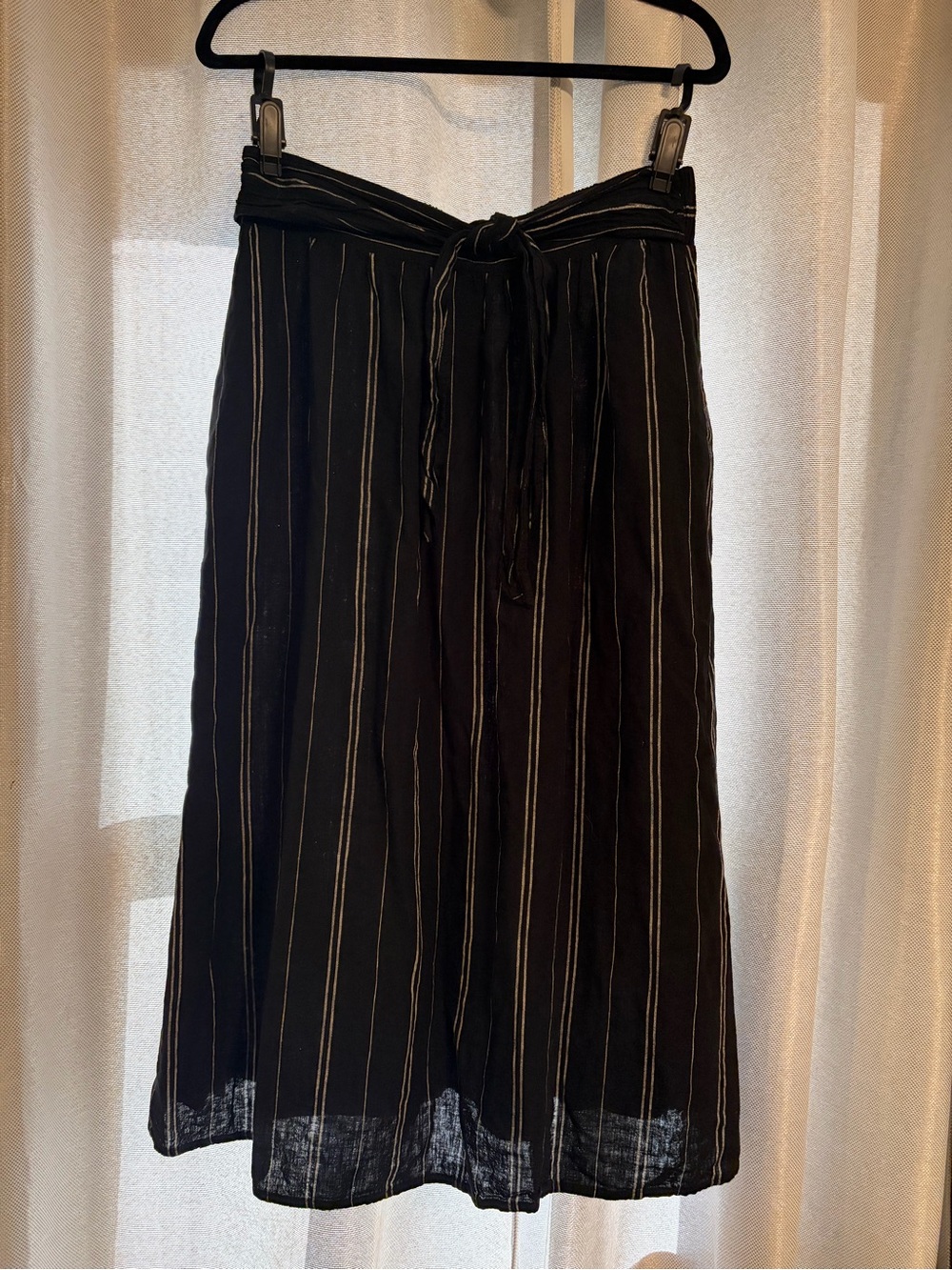 Time and Tru Black Midi Skirt with white Pinstripes and Tie Waist